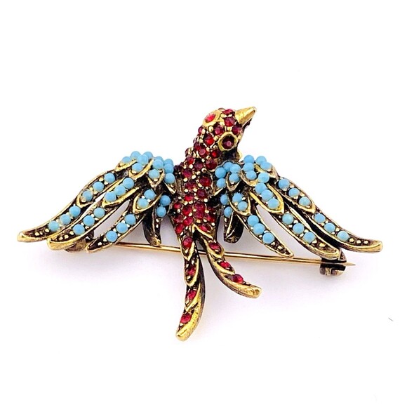 Vintage Pauline Rader Swallow Bird Brooch Pin Turquoise and Ruby Glass Orbs Pave - Picture 3 of 7